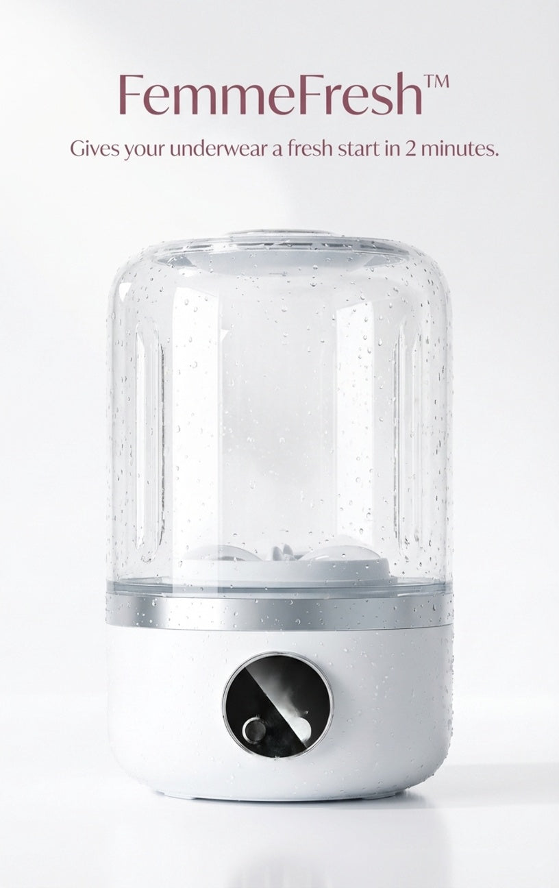 FemmeFresh product on a white background with text about its functionality.